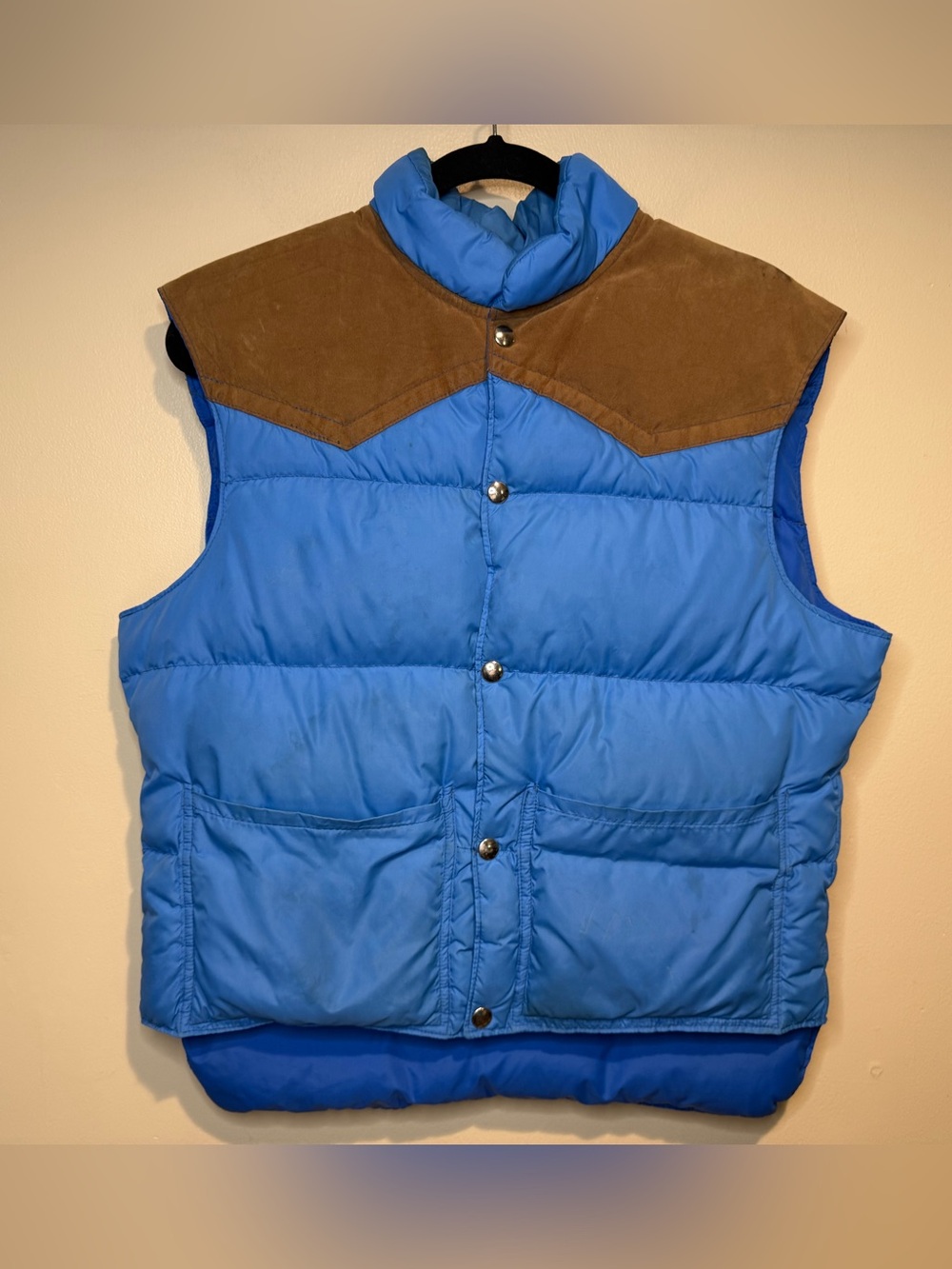 Vintage 70s Comfy Goose Down Puffer Vest Reversible Western Yoke Blue Raven USA